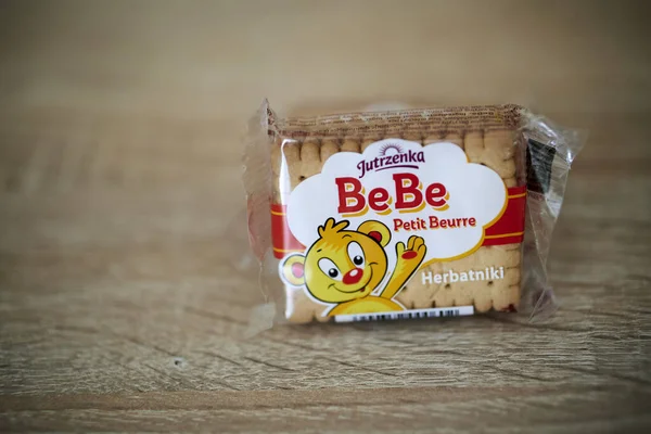 Jutrzenka Brand Bebe Petit Beurre Butter Cookies Wooden Table — Stock Photo, Image