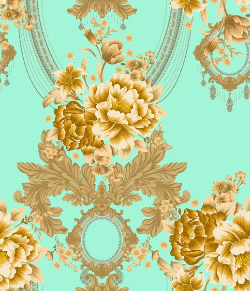 Illustration Ornate Floral Seamless Pattern Square Stitch Green Golden Colors — Stock Photo, Image