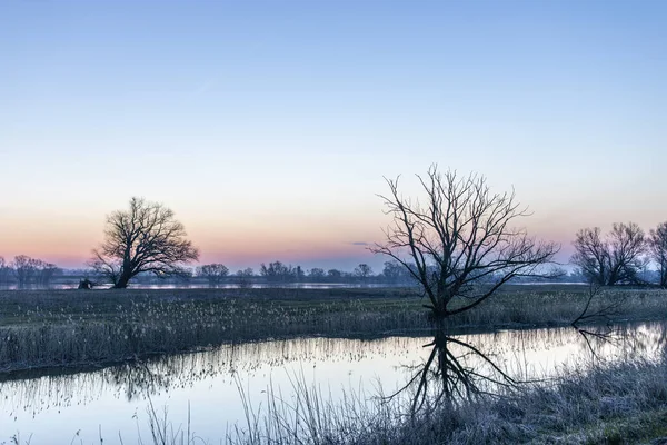 夕暮れ時の田舎の小さな湖の自然の風景 — ストック写真