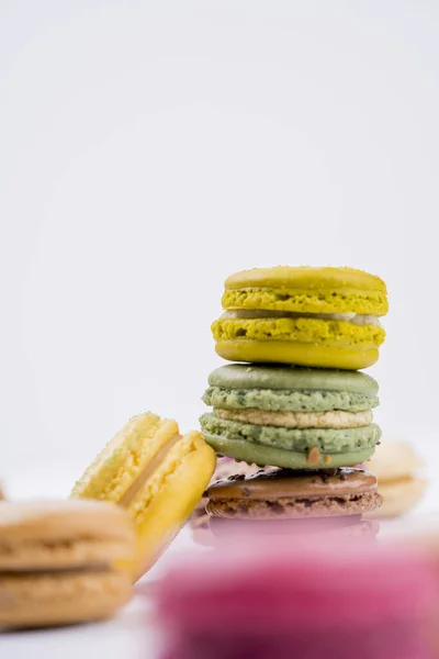 Vertical Closeup Shot Colorful Macaroon Biscuits White Background — Stock Photo, Image