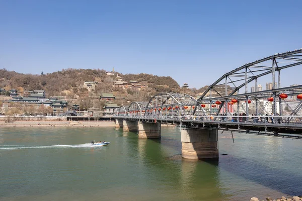 Stålstolpe Zhongshan Bridge Över Den Gula Floden Lanzhou Kina Dagtid — Stockfoto