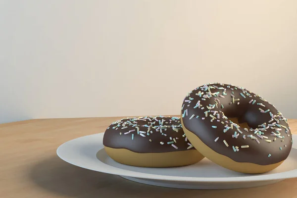 Rendering Due Ciambelle Ricoperte Cioccolato Piatto Illustrazione — Foto Stock