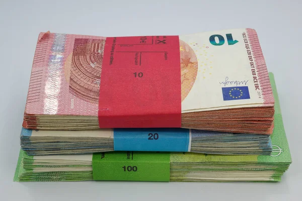 Closeup Stacks Euro Banknotes Top Each Other Raiffeisen Bank — Stock Photo, Image