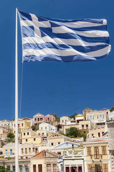 Symi Greek Island Part Dodecanese Island Group Greek Flag — Stock Photo, Image