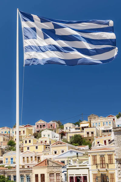 Île Grecque Symi Une Partie Groupe Insulaire Dodécanèse Avec Drapeau — Photo