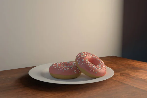 Renderização Dois Donuts Cobertos Chocolate Rosa Prato — Fotografia de Stock