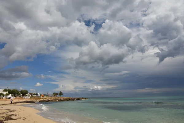 Stormy Clouds Sandy Beach Salento Italy — Zdjęcie stockowe