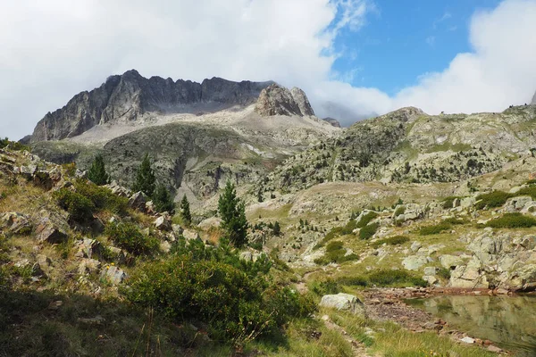 Una Vista Panorámica Cordillera Rocosa Los Pirineos Cubierta Vegetación Día — Foto de Stock