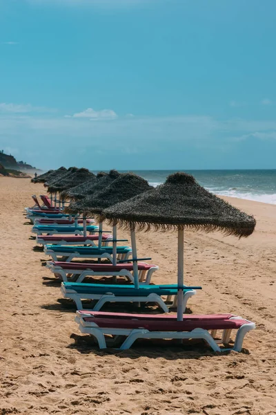 Vertical Shot Sandy Beach Loungers Thatch Umbrellas Summer — Stock Photo, Image