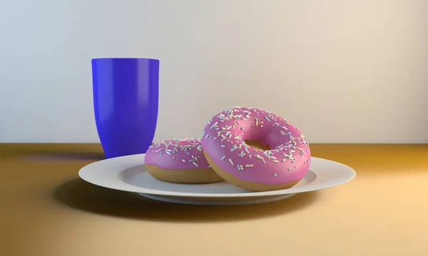 Renderização Dois Donuts Cobertos Chocolate Rosa Prato Xícara Uma Mesa — Fotografia de Stock