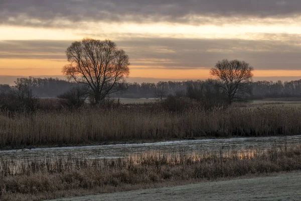 Ein Leuchtend Orangefarbener Sonnenuntergang Auf Dem Feld Mit Den Silhouetten — Stockfoto