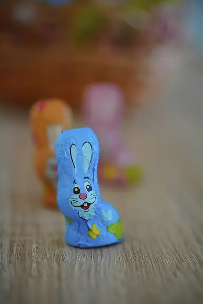 Favorina Brand Small Easter Chocolate Bunny Packed Blue Foil Standing — Stock Photo, Image