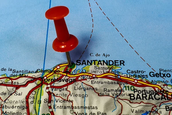 A closeup shot of location pin of Santander on a map