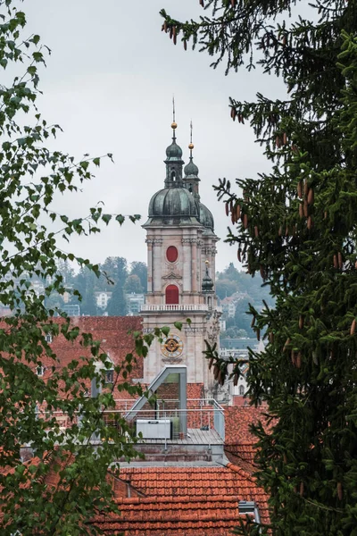 Vertical Shot Abbey Saint Gall Towers Brick Roofs Trees Foreground — Stock Photo, Image