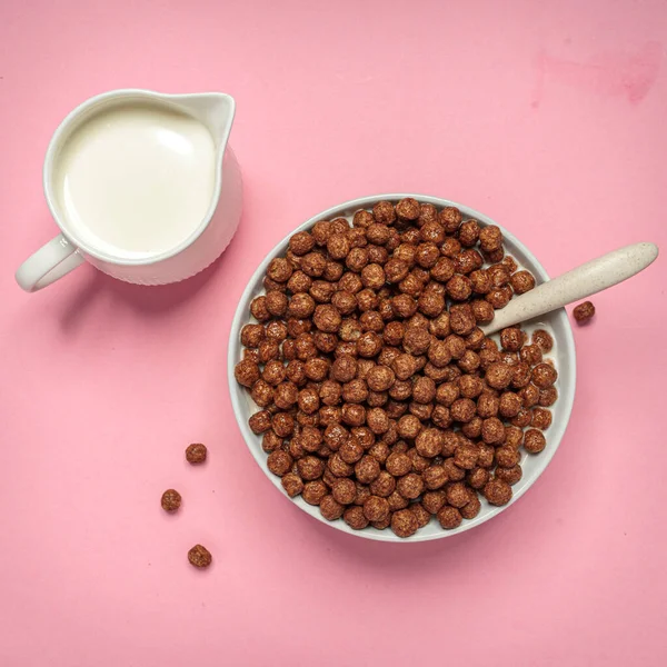 Top View Delicious Chocolate Cereal Milk Isolated Pink Background — Stock Photo, Image