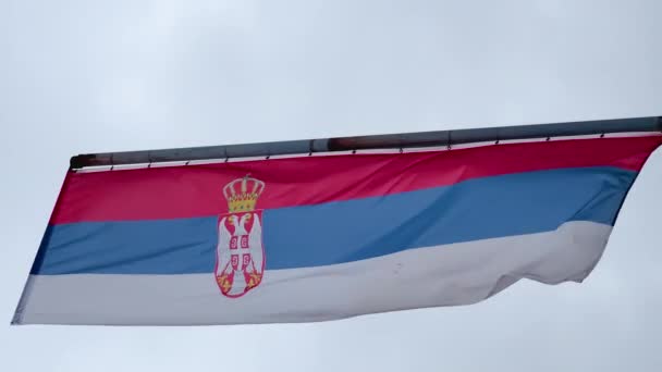 Vertikale Aufnahme Der Serbischen Flagge Auf Einer Stange Die Wind — Stockvideo