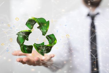 Geri dönüşüm simgesinin elle ekolojik iş konseptine üç boyutlu olarak yansıtılması