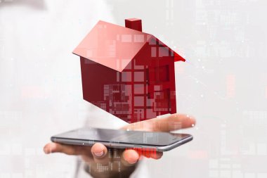 Cep telefonu ev verileri üzerinde yüzen üç boyutlu ev simgesi, dijital siber uzay kavramı