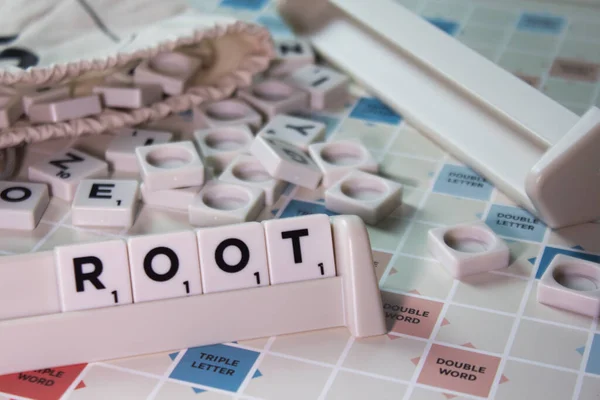 Closeup White Cubes Spelling Word Root Board Game — Stock Photo, Image