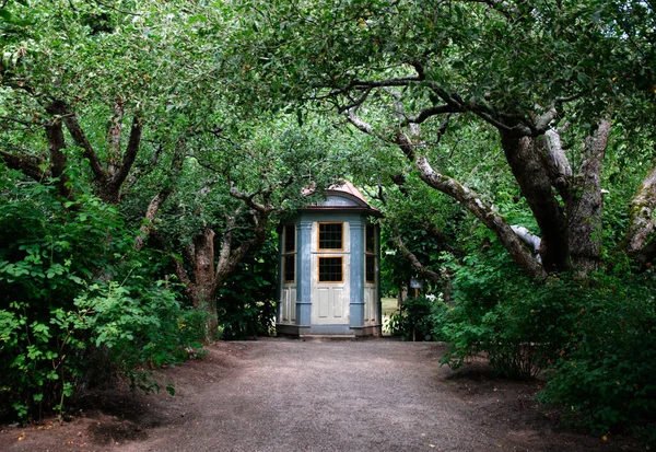 Uma Vista Pequena Casa Entre Árvores Exuberantes Floresta — Fotografia de Stock