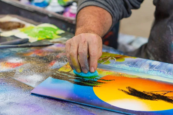 Barcelona Spain April 2022 Street Painter Working Rambla Painting Picture — Stock Photo, Image