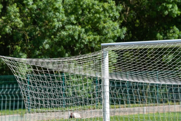 A white football net in a park in daylight