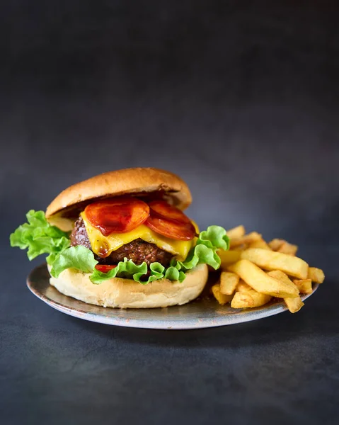 Zbliżenie Shot Cheese Burger Frytkami Talerzu — Zdjęcie stockowe