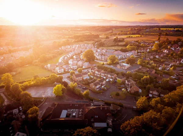 Una Hermosa Vista Aérea Ciudad Con Casas Británicas Tradicionales Atardecer — Foto de Stock