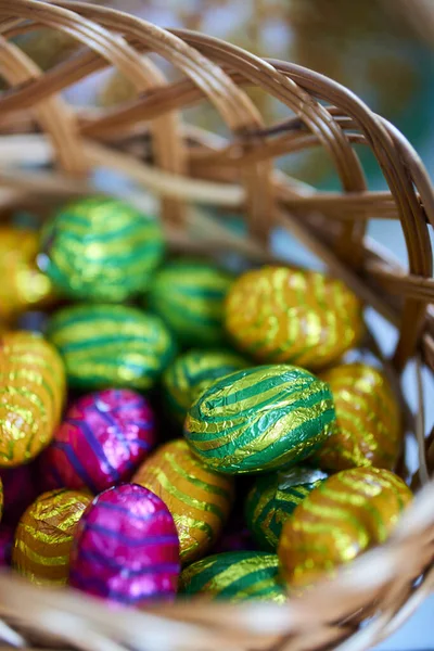 Vertical Closeup Pile Chocolate Easter Eggs Basket — Stock Photo, Image