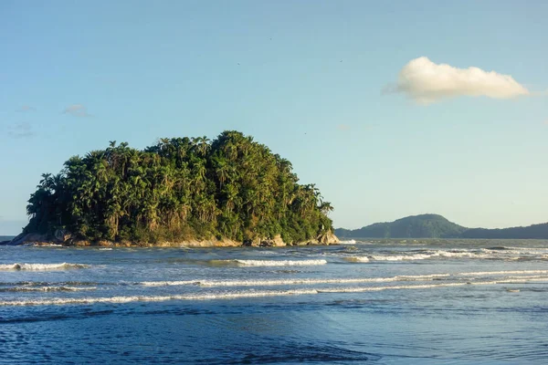 Malý Ostrov Pokrytý Primární Tropickou Vegetací Moři Při Západu Slunce — Stock fotografie