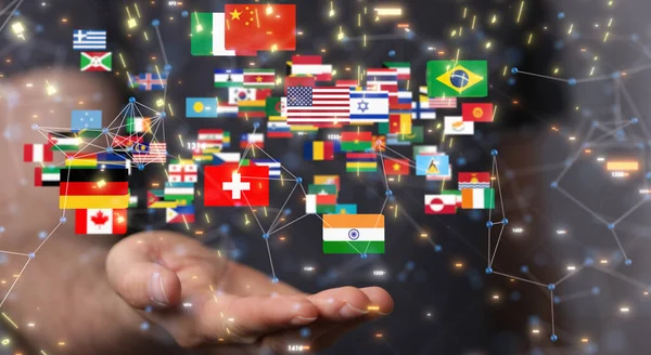 Рендеринг Флагов Стран Над Концепцией Ручной Глобальной Коммуникации — стоковое фото