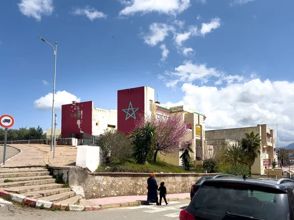 Bandera Marroquí Pintada Pared Edificio Residencial Marruecos — Foto de Stock