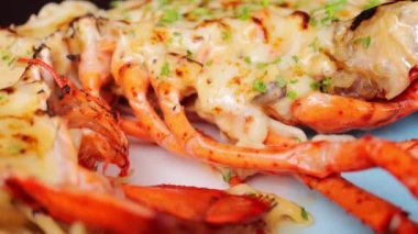 Yanında sebzeli ıstakoz ve parmesanlı makarna olan yakın çekim bir video.