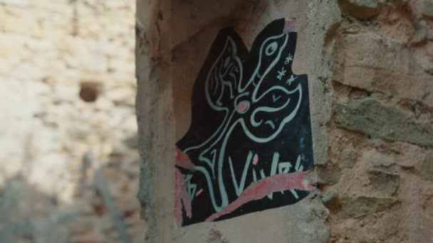 Graffito Uccello Nero Bianco Rosa Edificio Abbandonato Con Iscrizione Vivre — Video Stock