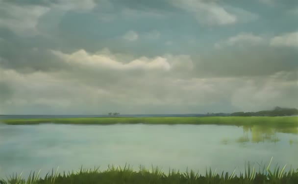 Ein Zeitraffer Bewegter Wolken Über Einem Ruhigen Fluss Einem Launischen — Stockvideo