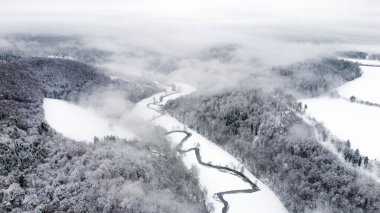 Yoğun bir ormanda sabah erken saatlerde yoğun sisle kaplı bir nehrin hava manzarası.