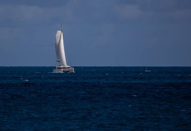 Güneşli bir günde mavi gökyüzüne karşı mavi denizde yelken açan beyaz bir teknenin güzel bir görüntüsü.