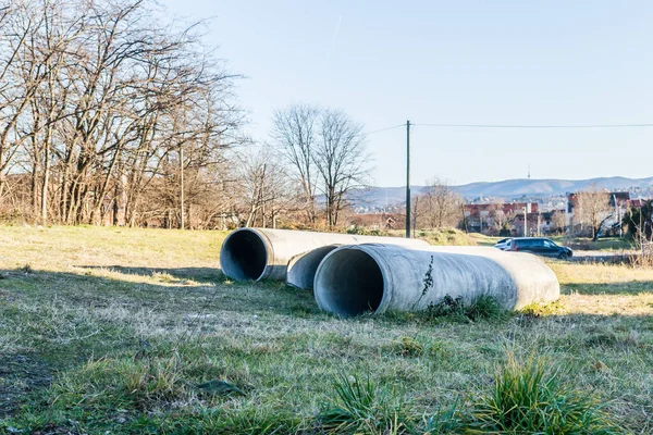 Precast Reinforced Large Concrete Pipes Laid Field — Stock Photo, Image