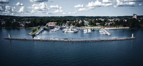 Une Vue Aérienne Port Avec Des Navires Des Bateaux Par — Photo