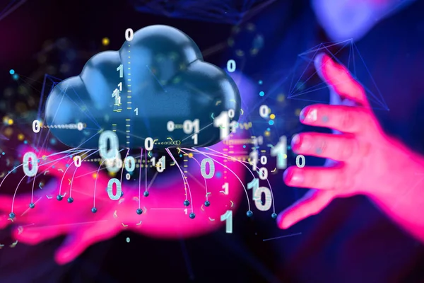 A person reaching to a 3D rendered cyberspace cloud surrounded by binary code