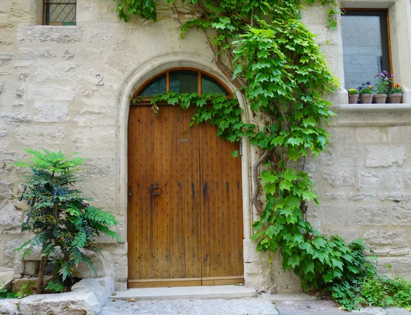 Μια Παλιά Ξύλινη Πόρτα Πράσινα Φύλλα Γύρω Της Στο Villeneuve — Φωτογραφία Αρχείου