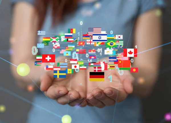 Rendering International Flags Connections Global Communication Floating Hands — Stock Photo, Image