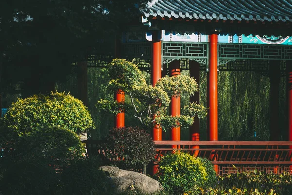 Uma Bela Vista Pavilhões Chineses Jardim Com Plantas — Fotografia de Stock