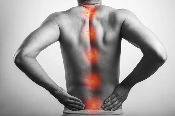 Shirtless Black White Male Body Stretching His Back Suffering Spinal — Stock Photo, Image