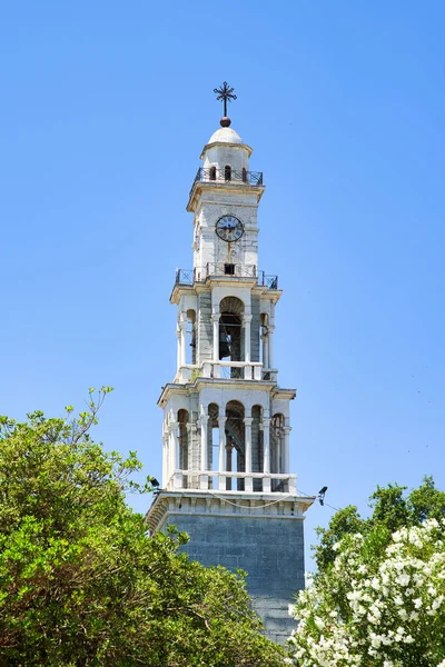 Gran Campanario Neoclásico Mármol Reloj Iglesia Agios Apostolos Este Excelente — Foto de Stock