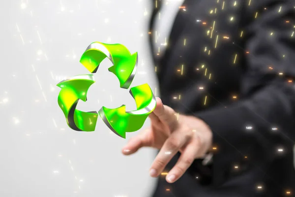 Ein Geschäftsmann Zeigt Auf Eine Schwebende Grüne Recycling Ikone Vor — Stockfoto