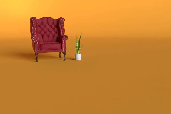 Rendering Red Velvet Wing Chair Yellow Background Interior Concept Empty — Stock Photo, Image