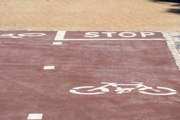 Caminho Bicicleta Com Texto Stop Chão — Fotografia de Stock