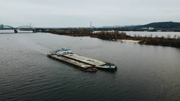 Aerial View Cargo Ship Sailing Dnieper River Darnitsky Bridge Distance — Stock Photo, Image