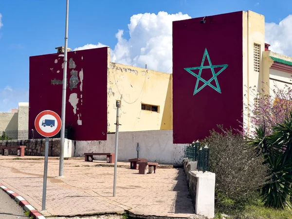 Bandera Marroquí Pintada Pared Edificio Residencial Marruecos — Foto de Stock